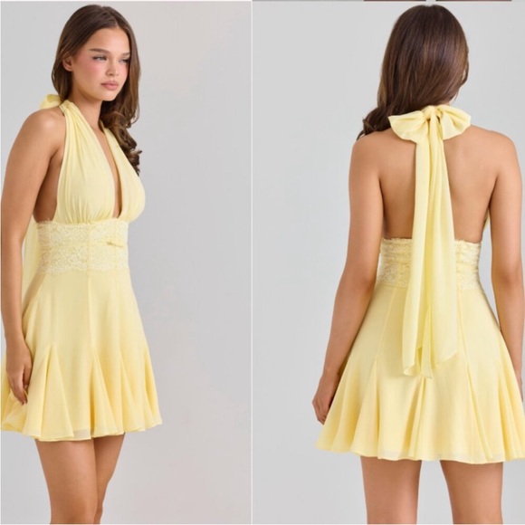 House of CB 'Ailani' Butter Yellow Georgette Halter Neck Mini Dress Size L NWOT - Picture 3 of 12